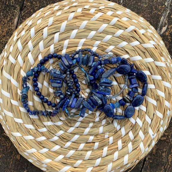 Natural Dark Blue Lapis Lazuli & Sodalite Gemstone Mixed Bead Bracelet Stack - Picture 12 of 12
